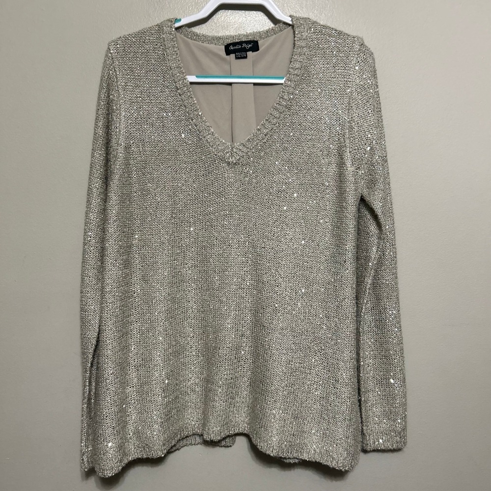 Charlie Paige Sweater L/XL Tan Gold Sequin Open Tulip Back Metallic Knit V-Neck